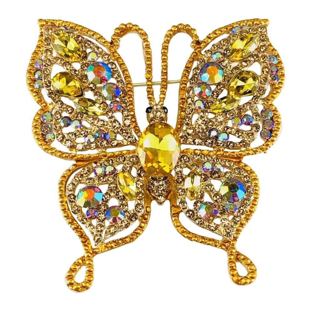 Brooch Large Butterfly Yellow and A/B Rhinestone Crystals Gold Tone